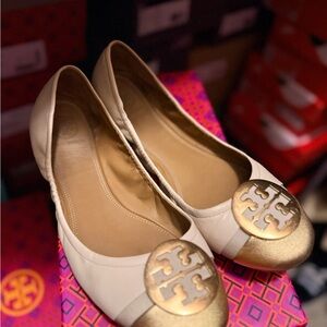 Tory Burch Cream and Gold Loafers